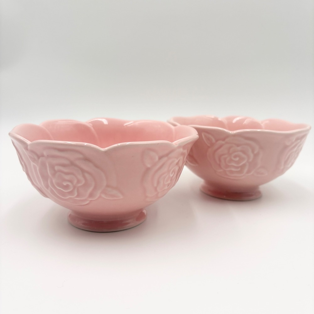 Potter's Studio Pink Rose Embossed Scalloped Ceramic Bowls Set of 2 Footed - Picture 5 of 8